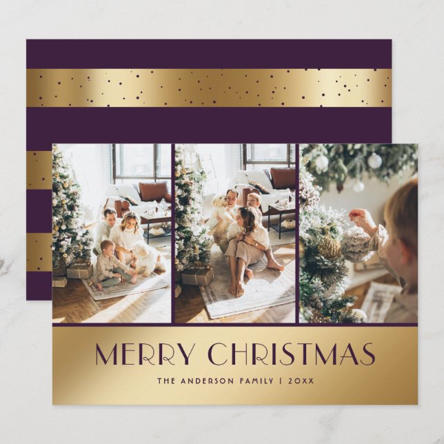 Elegant Purple Gold Photo Merry Christmas Card (Front/Back)