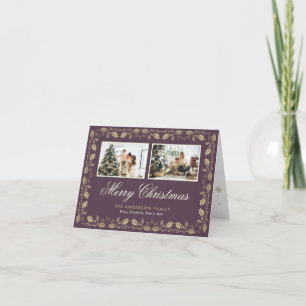 Elegant Purple Gold Photo Merry Christmas Folded Holiday Card