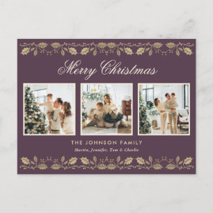 Elegant Purple Gold Photo Merry Christmas Holiday Postcard