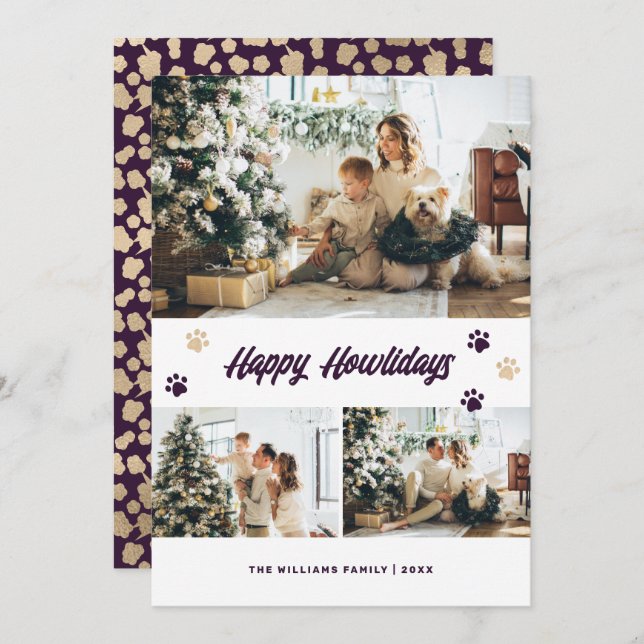 Elegant Purple Gold Photo Pet Owner Holiday Card (Front/Back)