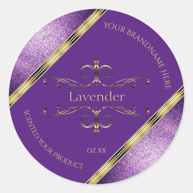 Elegant Purple Gold Product Labels Glitter Borders (Front)