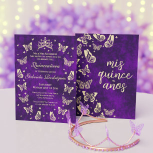 Elegant Purple Gold Quinceanera Tiara Butterfly Invitation