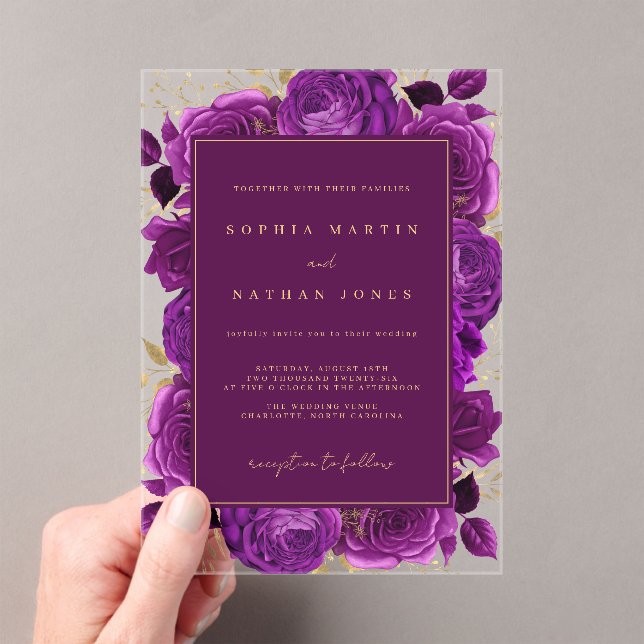 Elegant Purple Gold Rose Clear Wedding Acrylic Invitations (Insitu (Handheld))