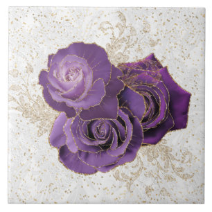Elegant Purple Gold Rose Floral Ceramic Tile