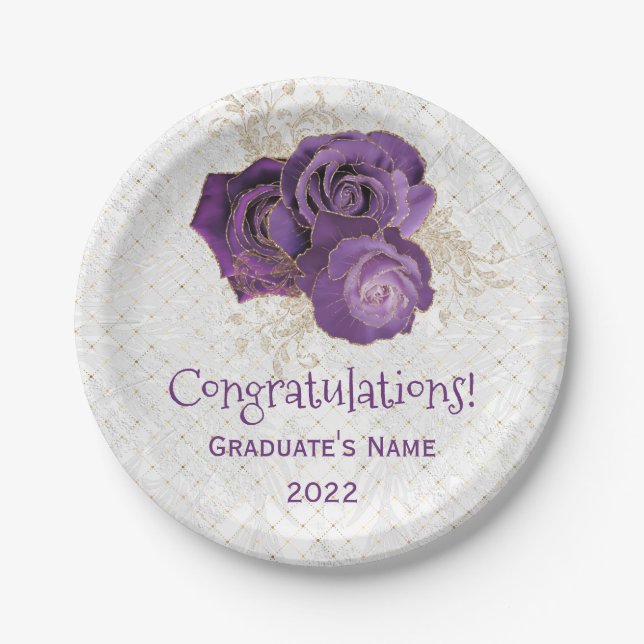 Elegant Purple Gold Rose Floral Graduation Paper Plate (Front)