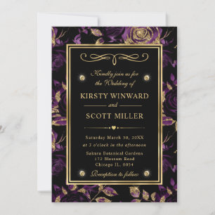 Elegant Purple & Gold Rose Floral Pattern Wedding Invitation