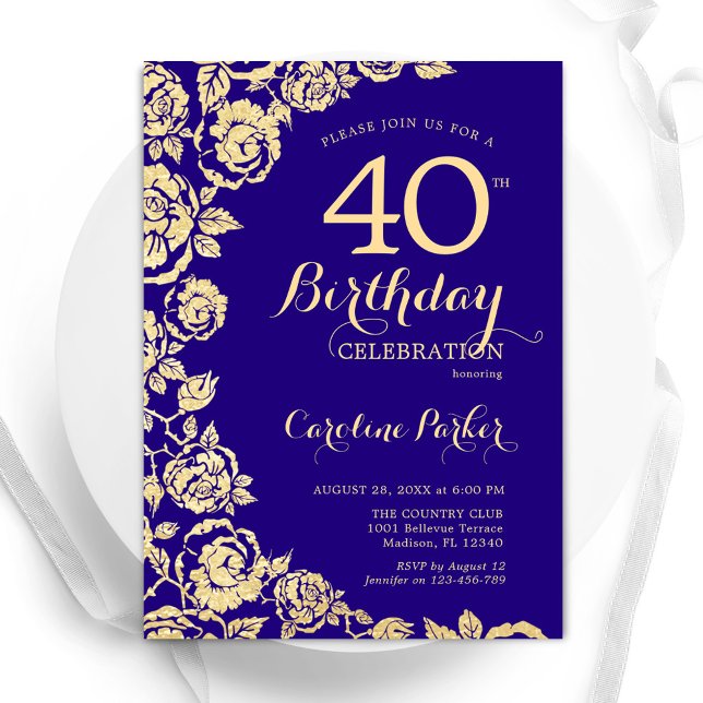 Elegant Purple Gold Roses 40th Birthday Invitation (Creator Uploaded)
