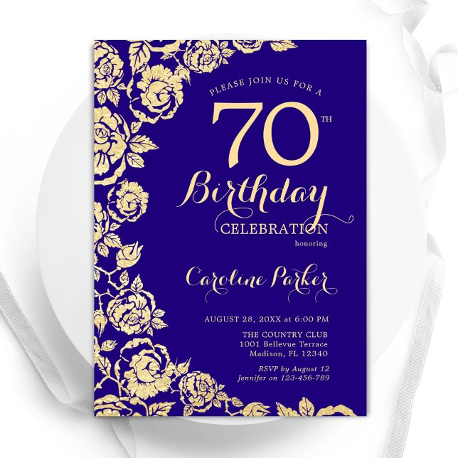Elegant Purple Gold Roses 70th Birthday Invitation (Creator Uploaded)