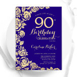 Elegant Purple Gold Roses 90th Birthday Invitation<br><div class="desc">Purple Gold Floral 90th Birthday Party Invitation. Elegant design featuring roses,  faux gold foil and typography script font. Trendy invite card perfect for a stylish female bday celebration. Can be customised to any age. Printed Zazzle invitations or instant download digital printable template.</div>