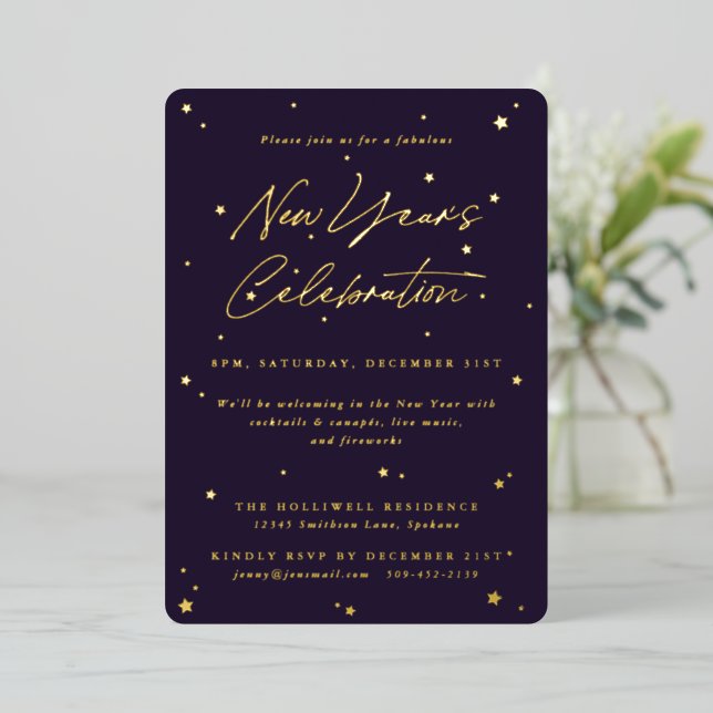 Elegant Purple+Gold Scattered Stars New Year Party (Standing Front)