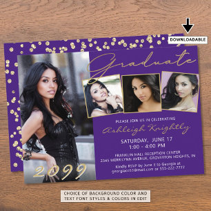 Elegant Purple Gold Script 4 Photo Graduate Invitation
