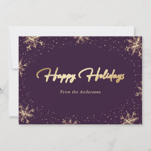 Elegant Purple Gold Script Snowflake Holiday Card
