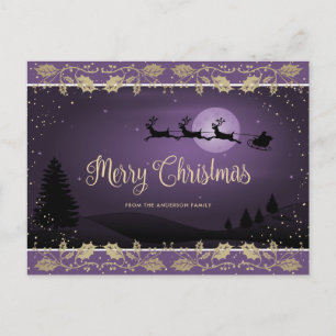 Elegant Purple Gold Snow Holly Merry Christmas Holiday Postcard