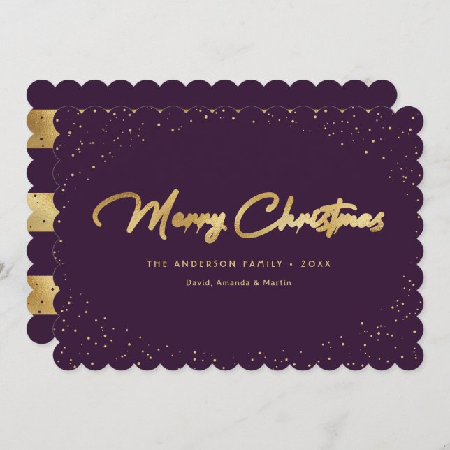 Elegant Purple Gold Snow Merry Christmas Card (Front/Back)