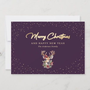 Elegant Purple Gold Snow Reindeer Merry Christmas Holiday Card