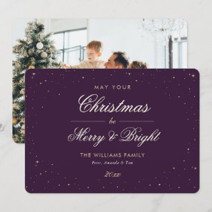 Elegant Purple Gold Stars Photo Christmas Holiday Card