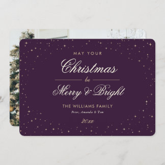 Elegant Purple Gold Stars Photo Christmas Holiday Card