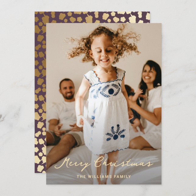 Elegant Purple Gold Stars Script Photo Christmas Holiday Card (Front/Back)