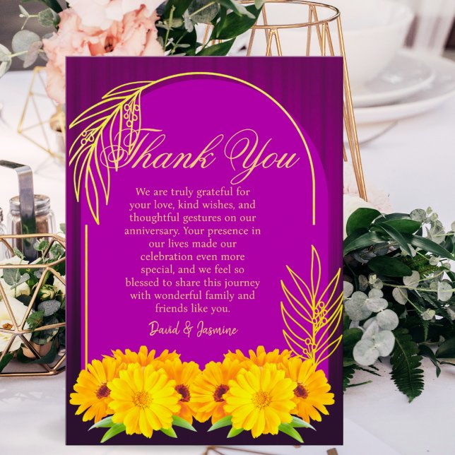 Elegant Purple Gold Sunflower Wedding Anniversary Thank You Card (Creator Uploaded)
