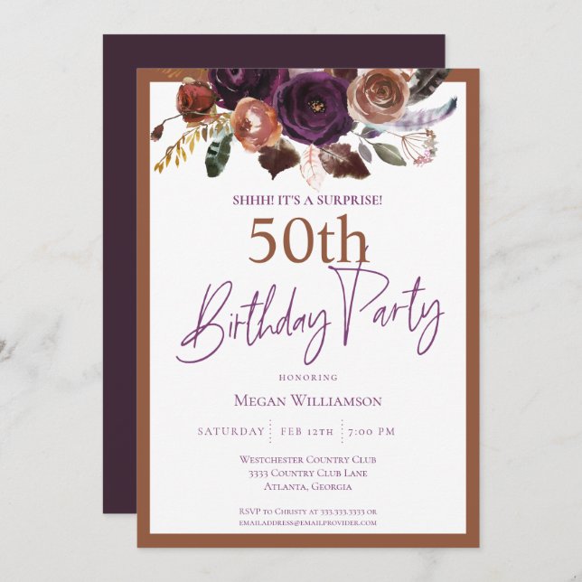 Elegant Purple Gold Surprise 50th Birthday Party Invitation (Front/Back)