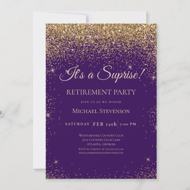 Elegant Purple Gold Surprise Retirement Party Invitation (Front)
