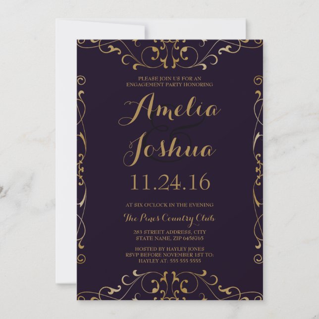 Elegant Purple Gold Swirl Engagement Party Invite (Front)
