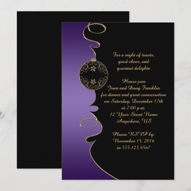 Elegant Purple Gold Swirls Black Christmas Party Invitation (Front/Back)
