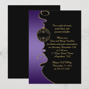 Elegant Purple Gold Swirls Black Christmas Party Invitation