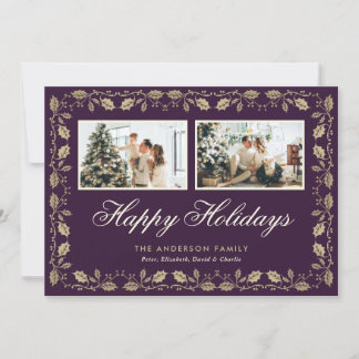 Elegant Purple Gold Two Photo Happy Holidays Card