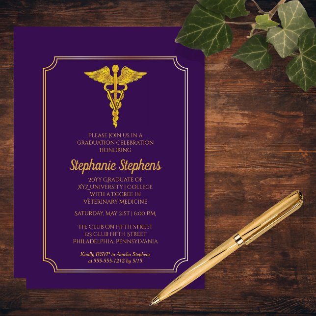 Elegant Purple Gold Veterinary Medicine Grad Party Invitation (Elegant Purple | Gold Tone Veterinary Medicine Vet School Graduation Party Invitation Print Digital)