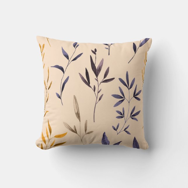 Elegant purple gold watercolor leaves reversible cushion (Front)
