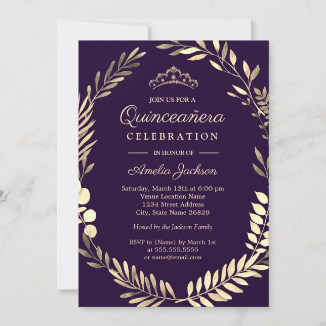 Elegant Purple Gold Watercolor Wreath Quinceanera Invitation (Front)
