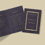 Elegant purple gold wedding folded program<br><div class="desc">Modern simple minimalist typography dark purple and faux gold folded ceremony and party wedding program template on a vintage style antique distressed looking background.              Easy to personalise with your text on the front,  back and inside!</div>