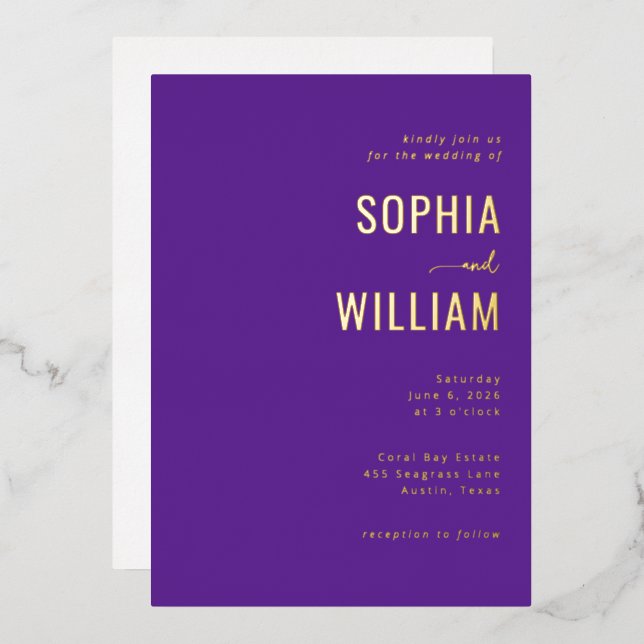 Elegant Purple Gold Wedding Invitation (Front/Back)