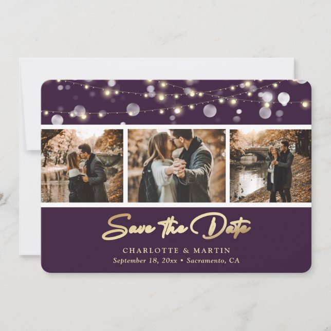 Elegant Purple Gold Wedding Photo Save The Date (Front)