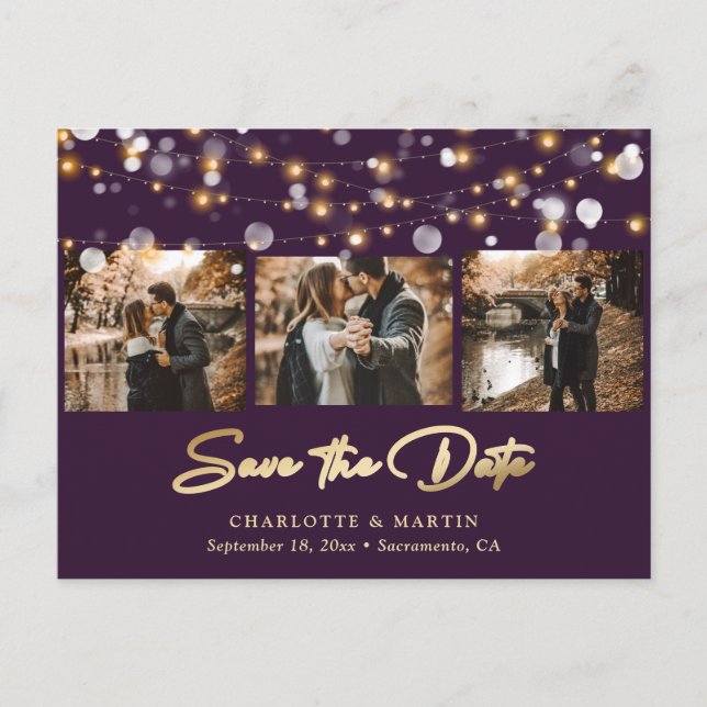 Elegant Purple Gold Wedding Photo Save The Date Announcement Postcard (Front)