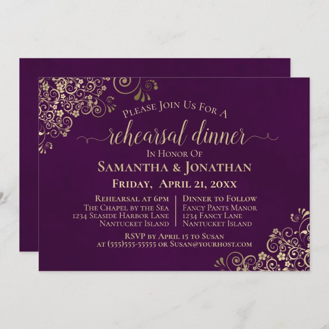 Elegant Purple & Gold Wedding Rehearsal & Dinner Invitation (Front/Back)
