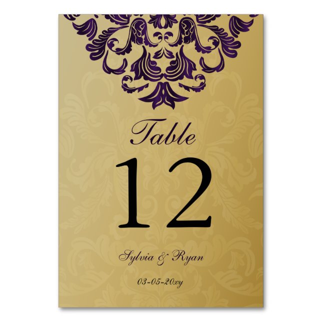 Elegant Purple Gold Wedding Table Number (Front)