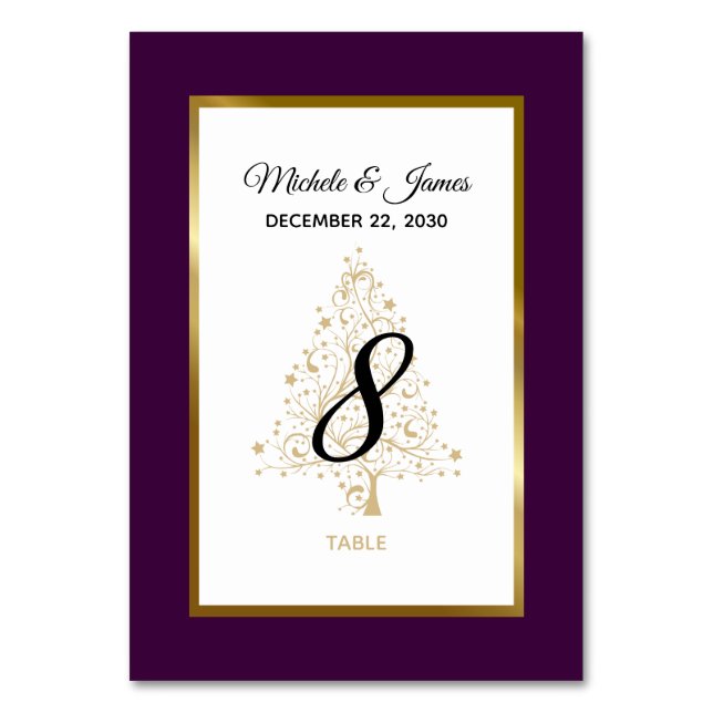 Elegant Purple Gold Winter Holiday Wedding Table Number (Front)