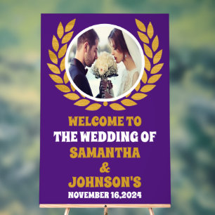 Elegant Purple Gold Wreath Photo Wedding Welcome Acrylic Sign