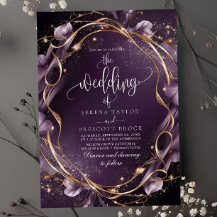 Elegant Purple Golden Floral Frame Wedding Invitation