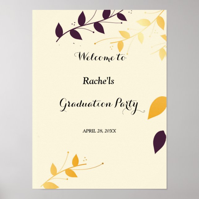 Elegant Purple Golden Leaves  Graduation Poster (Front)