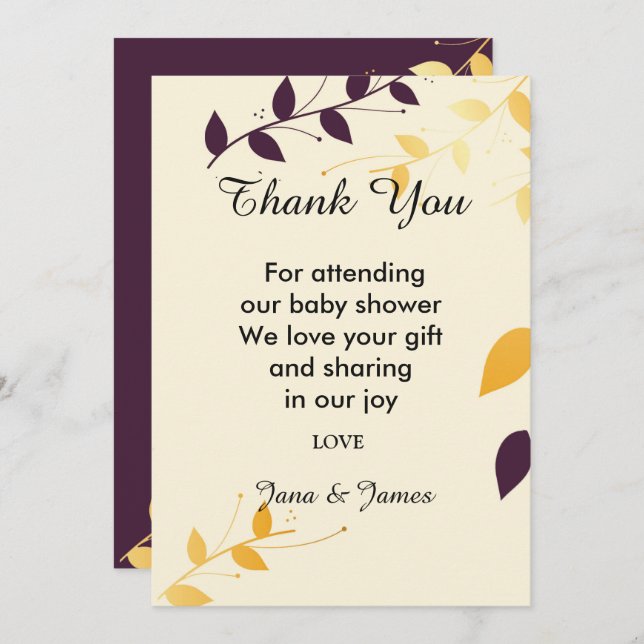 Elegant Purple Golden Leaves thank you Invitation (Front/Back)