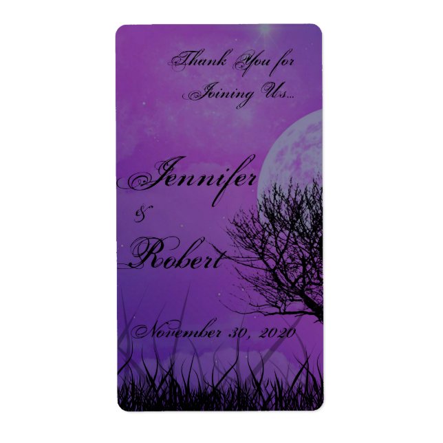 Elegant Purple Gothic Posh Wedding Wine Label (Front)