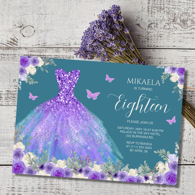Elegant Purple Gown Floral 18th Birthday Invitation (Creator Uploaded)