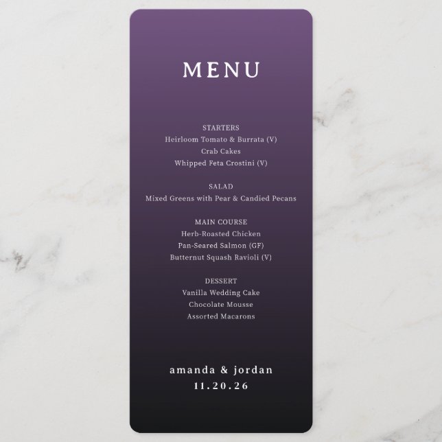 Elegant Purple Gradient Wedding Menu (Front)
