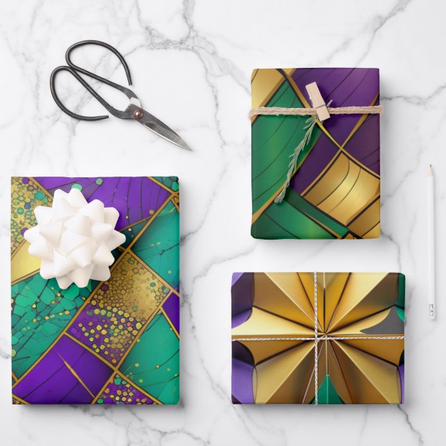 Elegant Purple, Green and Gold Mardi Gras Abstract Wrapping Paper Sheet (Front)