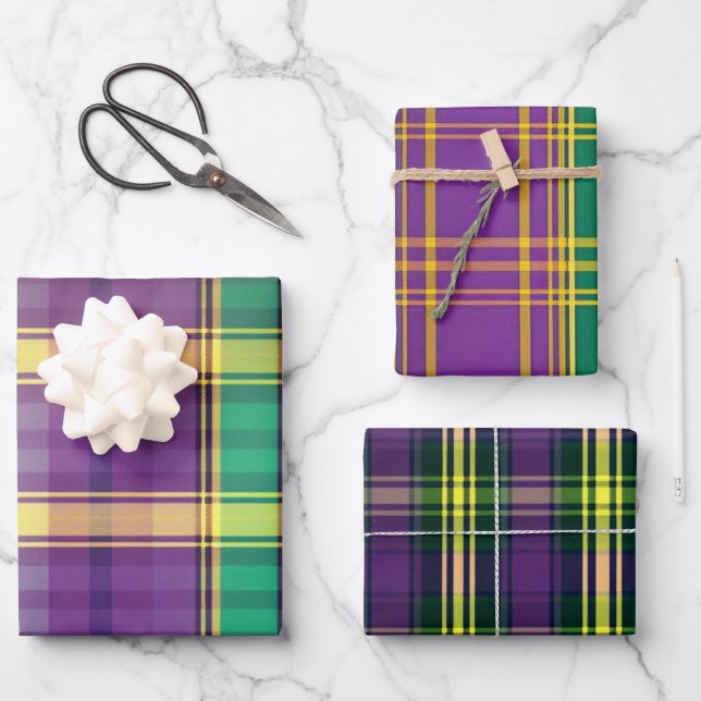 Elegant Purple, Green and Gold Mardi Gras Plaid Wrapping Paper Sheet (Front)
