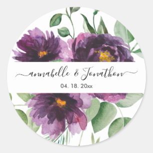 Elegant Purple Green Floral Wedding Classic Round Sticker