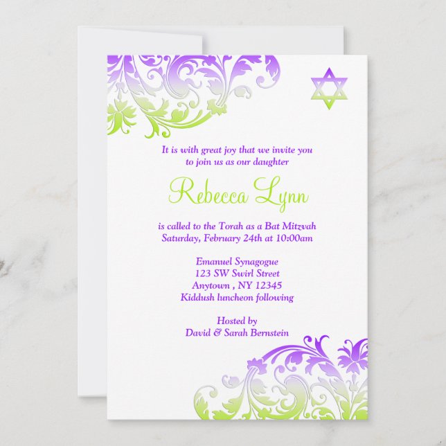 Elegant Purple Green Flourish Bat Mitzvah Invitation (Front)